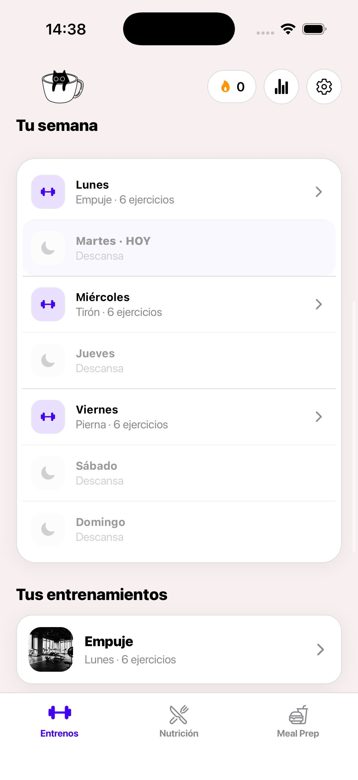 Pantalla de entrenos de Veltix con la rutina de cada día de la semana