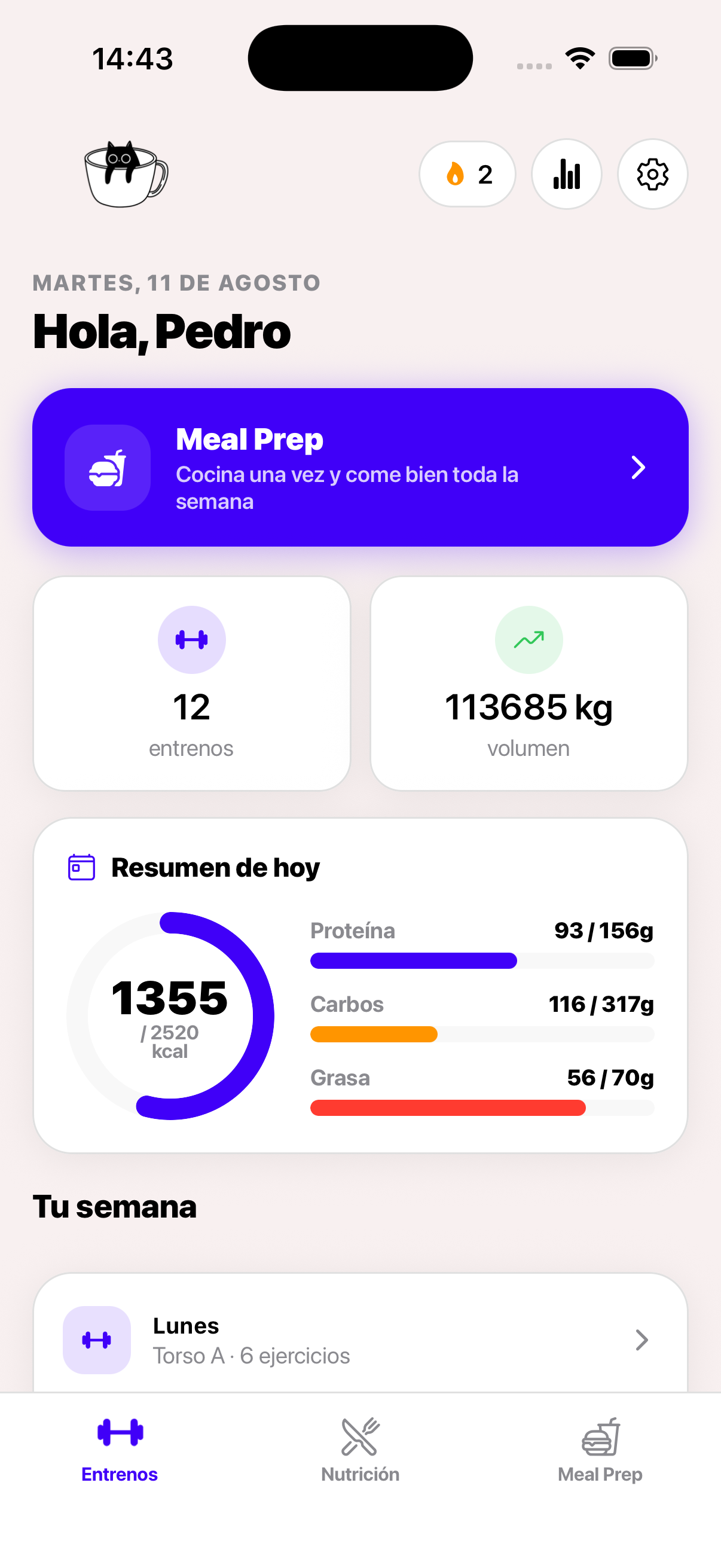 Pantalla de inicio de Veltix con el resumen del día: calorías, macros y entrenos de la semana