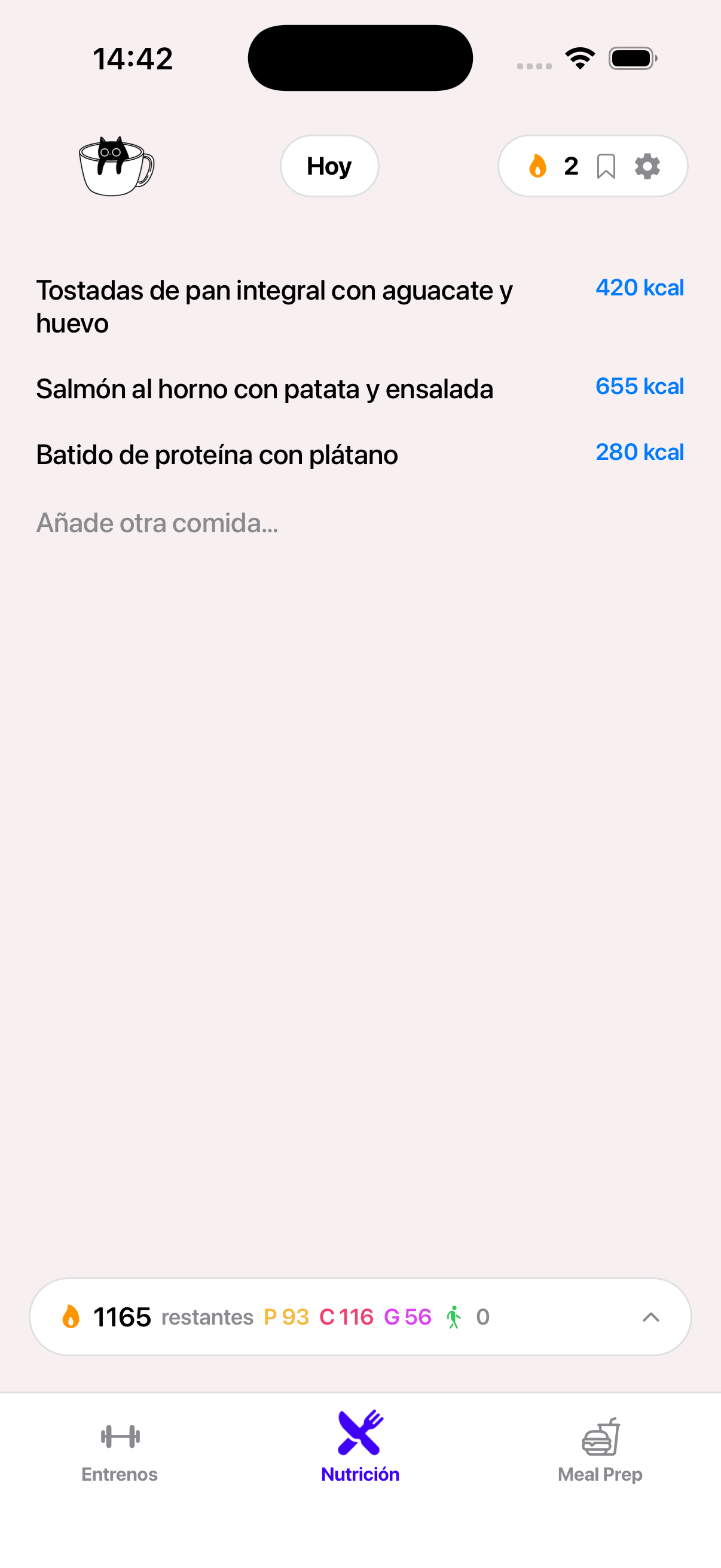 Pantalla de nutrición de Veltix con las comidas del día y las calorías restantes