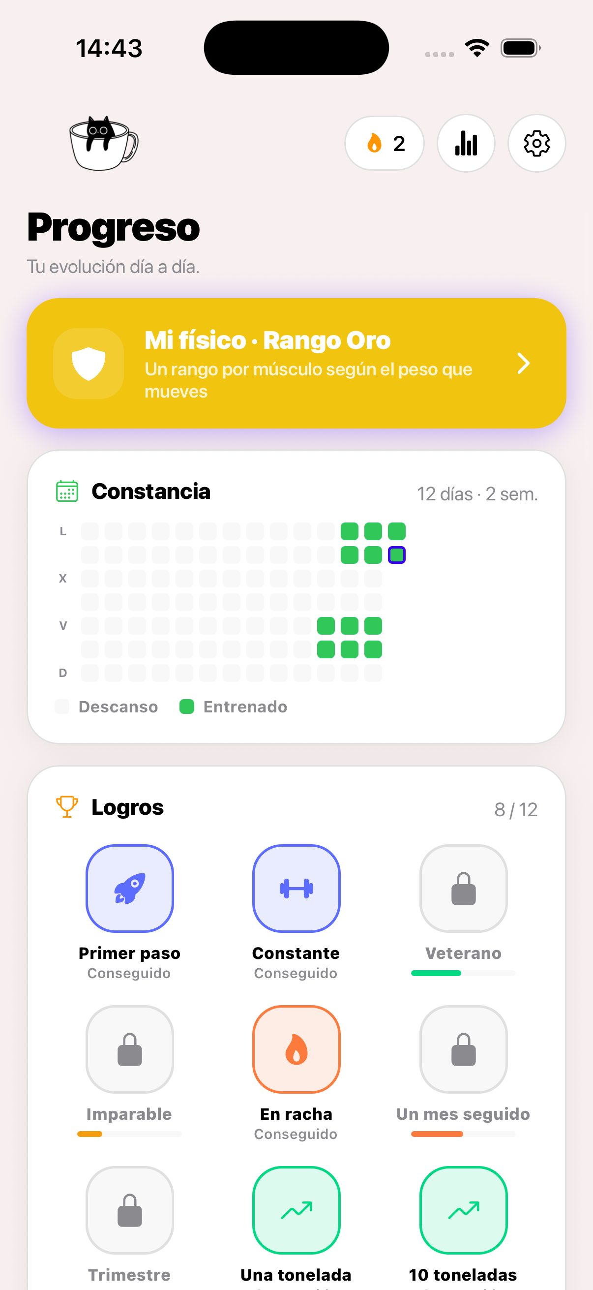 Pantalla de progreso de Veltix con el calendario de constancia y los logros